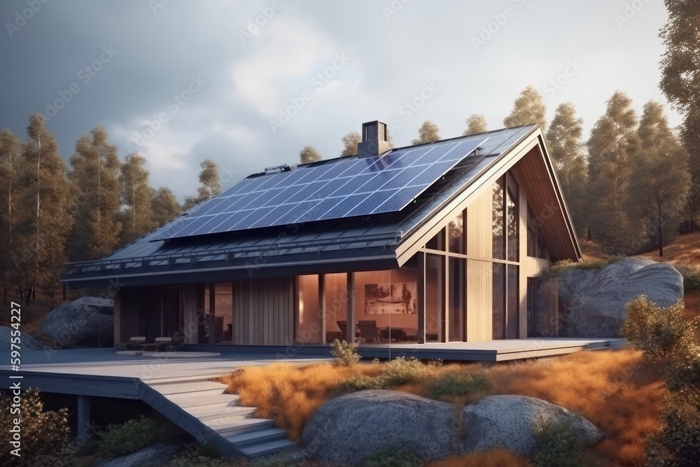 sustainable home with solar panels on roof, generative AI