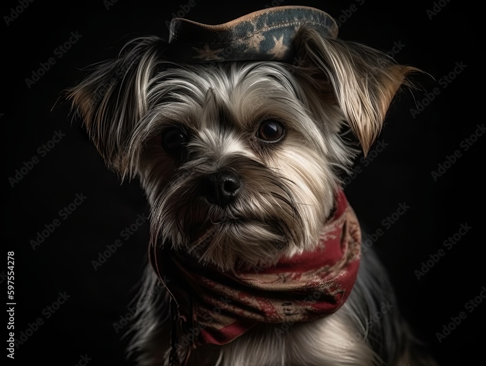A small dog wearing a cowboy hat and bandana, posing as a cowboy