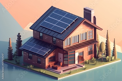 sustainable home with solar panels on roof, generative AI © Rawf8