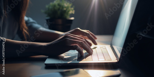 close-up of hands typing on a laptop. Generative AI 