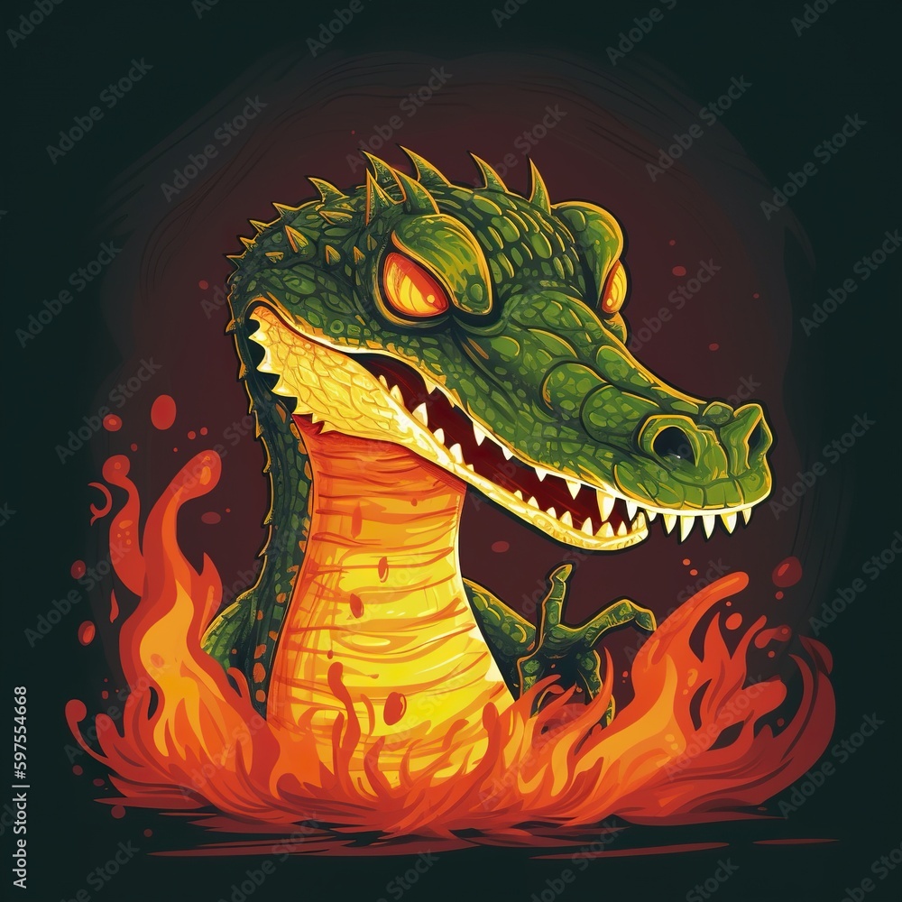 An alligator engulfed in flames, a fiery creature that lit up the sky. AI generative art at its finest! AI generative - obrazy, fototapety, plakaty 