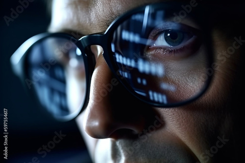 close-up of a man in glasses that reflect indicators and stock charts. Generative AI 