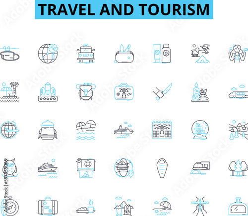 Travel and tourism linear icons set. Adventure, Backpacking, Beaches, Culture, Eco-tourism, Food, Hospitality line vector and concept signs. Islands,Landmarks,Mountains outline Generative AI