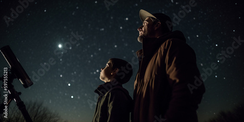Father and son spend time together watching the stars through a telescope. Generative AI 