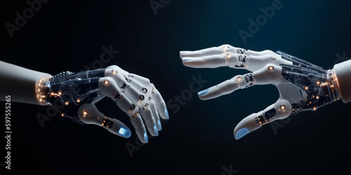a robotic arm and a human arm reach out to each other. Generative AI	