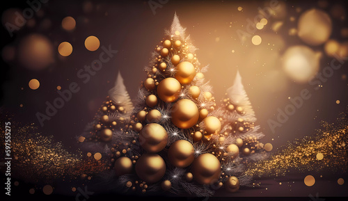 Christmas tree with golden balls on a golden background with bokeh. Banner. Copy space. generative AI