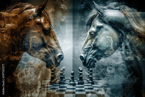 abstract image two horses and a chessboard. Generative AI 