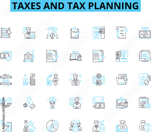 Taxes and tax planning linear icons set. Deductions, Refunds, Returns, Income, Filing, Credits, Audits line vector and concept signs. Exemptions,IRS,Taxpayers outline illustrations Generative AI