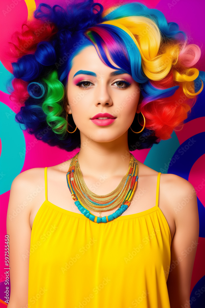 Obraz premium Young cute beautiful girl close-up with bright wavy or curly rainbow multicolored hair and necklace on color background. Generative AI.