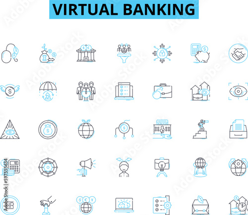 Virtual banking linear icons set. Digital, Online, Mobile, Virtual, Web-based, Automated, Fintech line vector and concept signs. Cryptocurrency,Blockchain,Cashless outline illustrations Generative AI