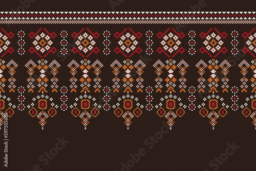Ethnic geometric fabric pattern Cross Stitch.Ikat embroidery Ethnic oriental Pixel pattern black brown background. Abstract,vector,illustration.For texture,clothing,scarf,decoration,carpet.