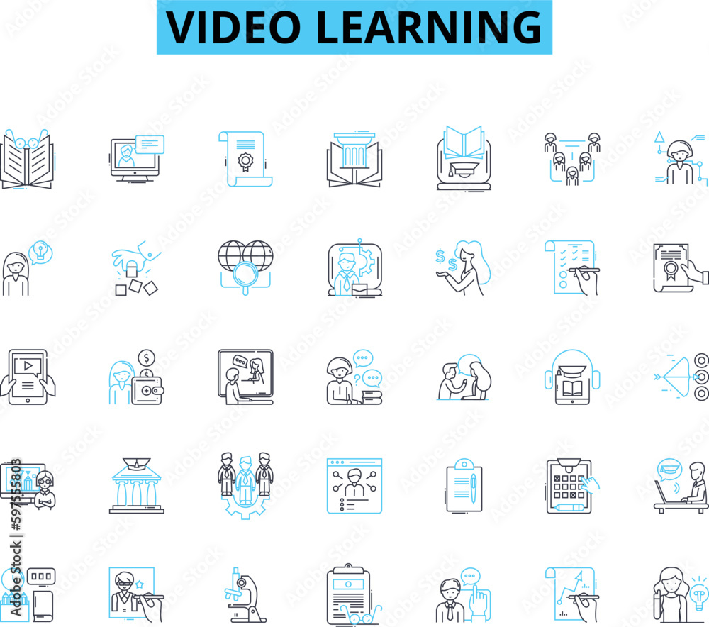 Video learning linear icons set. Instruction, Learning, Educational, Training, Tutorials, Online, Interactive line vector and concept signs. Lessons,Knowledge,Visualization outline Generative AI Video learning linear icons set. Instruction, Learning, Educational, Training, Tutorials, Online, Interactive line vector and concept signs. Lessons,Knowledge,Visualization outline Generative AI