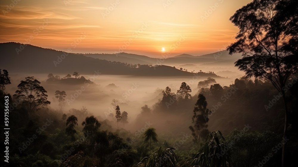 Obraz premium sunset over hills with thick floating clouds.GENERATIVE AI