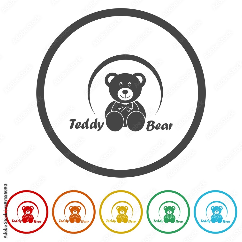 Fototapeta premium Cute teddy bear logo. Set icons in color circle buttons