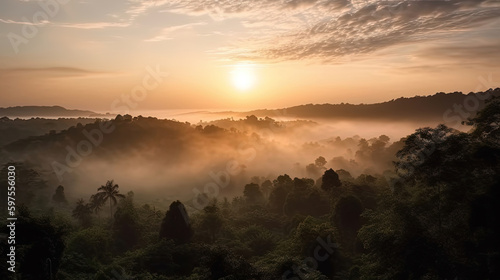 sunset over hills with thick floating clouds.GENERATIVE AI