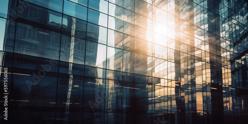 Reflection of the sun's rays on the glass facade of a modern office building. Generative AI 