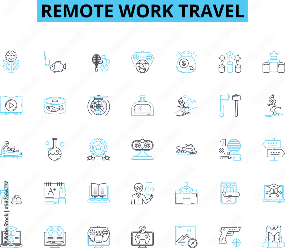 Remote work travel linear icons set. Digitalnomad, Telecommuting, Locationindependent, Travelabroad, Mobility, Workation, Roaming line vector and concept signs. Generative AI