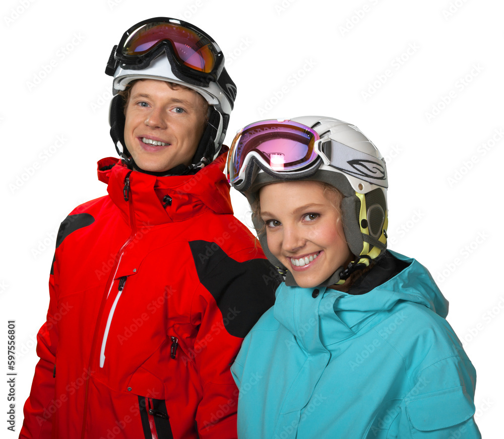 Male and female skiers together Male and female skiers together