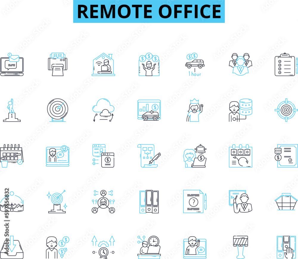 Remote office linear icons set. Telecommuting, Virtual, Remote, Digital, Online, Teleworking, Mobile line vector and concept signs. Distance,Telepresence,E-Office outline illustrations Generative AI