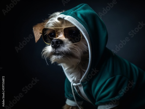 A small dog dressed in a hoodie and sunglasses, looking like a hip hop artist