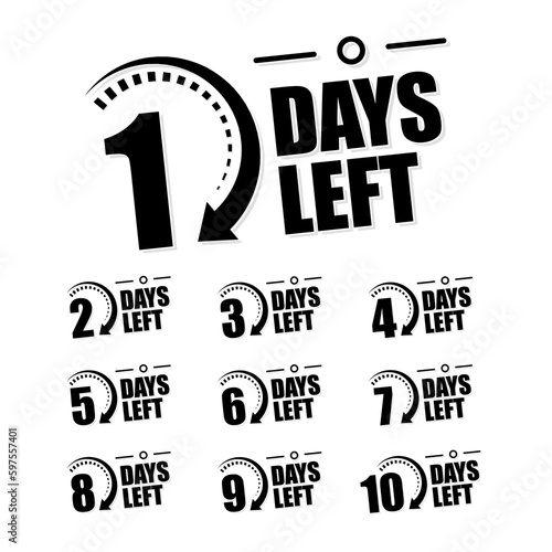 Countdown of days 1,2,3,4,5,6,7,8,9,10. The days left badges. A countdown is going on, one day I left a badge and a label to calculate the date of work. Offer timer, sticker limited to a few days.