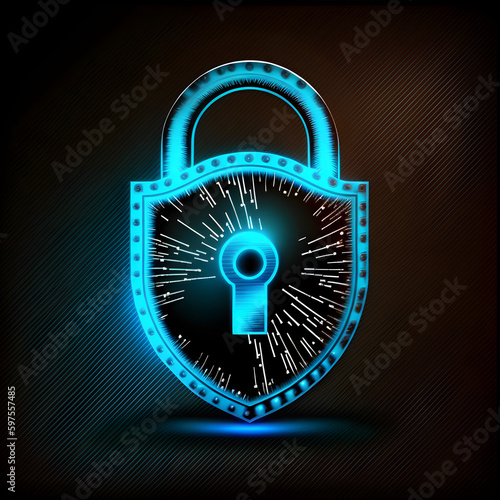 Cyber security concept. Black security lock infant of blue, orange and black mesh data background, illuminated