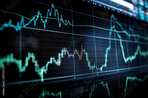 Close-up of stock charts on a display on a dark background. Generative AI	