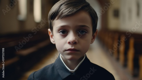 Concept of child abuse in church: sad and lonely boy in church