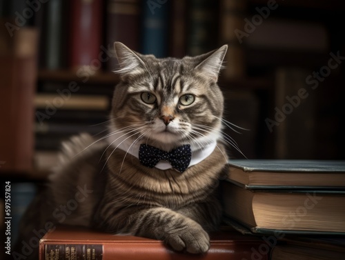 A cat wearing a bow tie, looking scholarly and sophisticated.