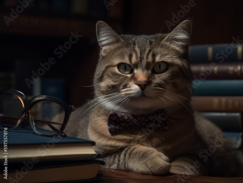 A cat wearing a bow tie, looking scholarly and sophisticated.