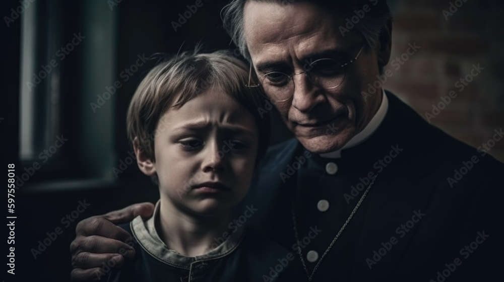 Concept of child abuse in church: sad and scarred child being hold by a priest Concept of child abuse in church: sad and scarred child being hold by a priest