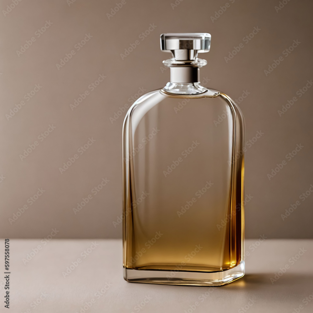 Perfume Bottle with Yellow Highlight on Beige Background. Generative AI Perfume Bottle with Yellow Highlight on Beige Background. Generative AI