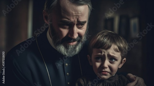 Concept of child abuse in church: sad and scarred child being hold by a priest