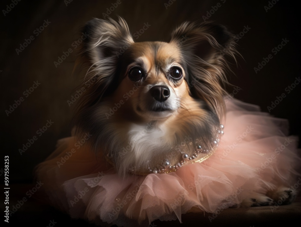 A dog dressed up in a tutu and tiara, posing as a princess.