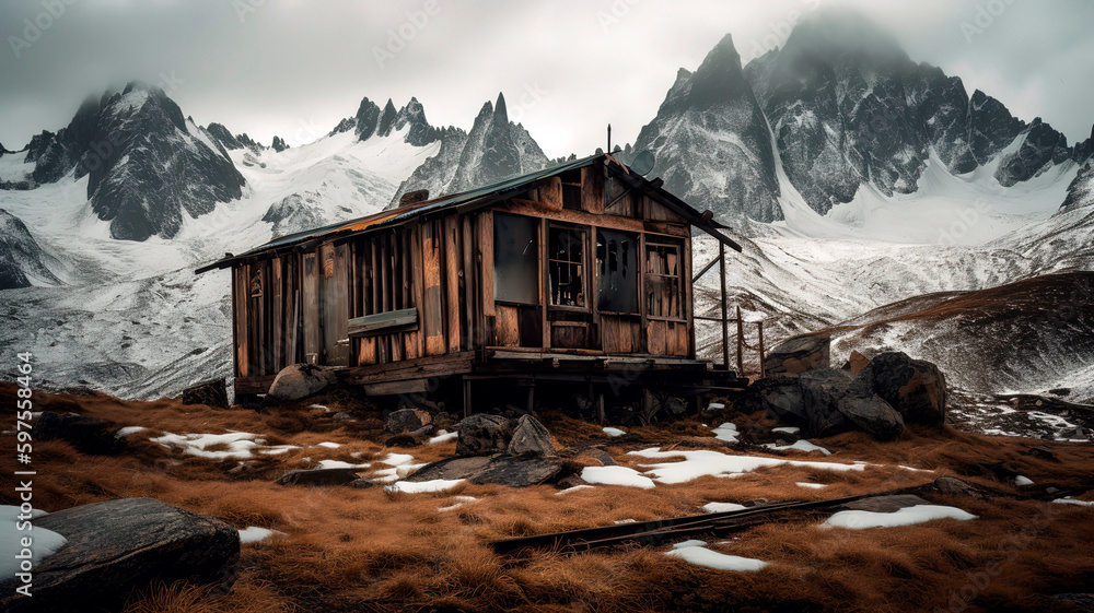 Abandoned mining hut surrounded by snow and capped mountains, with rust and broken windows.