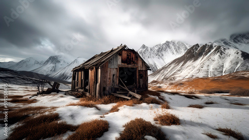 Abandoned mining hut surrounded by snow and capped mountains, with rust and broken windows.