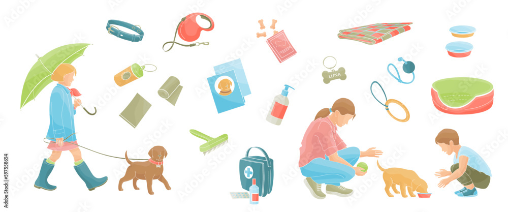 girl walks with a puppy, woman and a boy feed a puppy, set of elements about caring for a puppy, color vector illustration