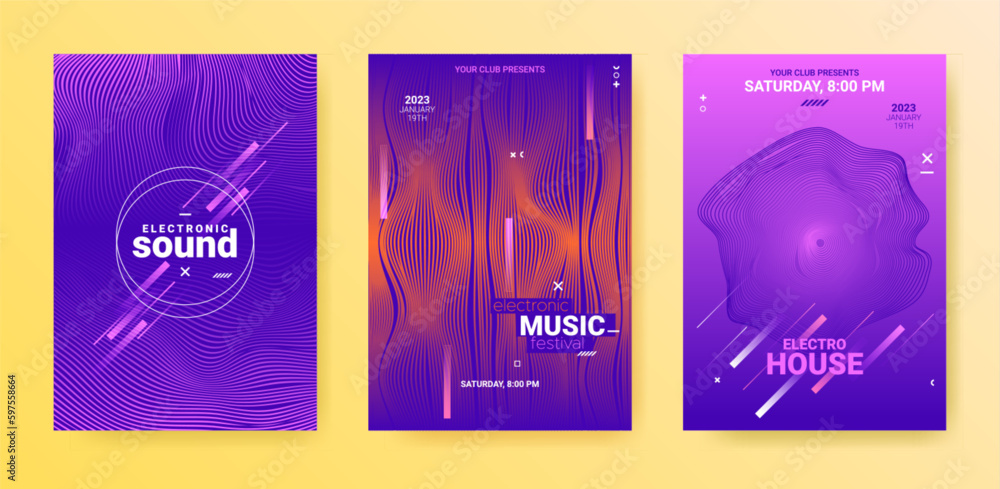 Electro Music Flyers Set. Techno Party Poster. Gradient Wave Line.