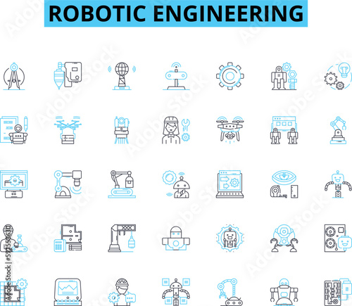 Robotic engineering linear icons set. Automation, Robotics, Innovation, Mechanization, Programming, Manufacture, Artificial intelligence line vector and concept signs. Machine Generative AI