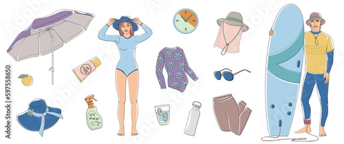 woman in a long sleeve swimsuit and man in a sportswear with surfboard, set elements about protective measures against the solar radiation and UV ultraviolet on the beach and during water sport