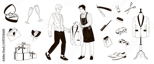 groom is preparing for his wedding day, set  items needed for a groom to look his best, black and white outline vector illustration