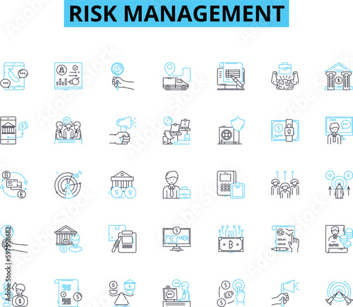 Risk management linear icons set. Probability, Uncertainty, Mitigation, Contingency, Hazards, Vulnerability, Security line vector and concept signs. Resilience,Exposure,Loss outline Generative AI