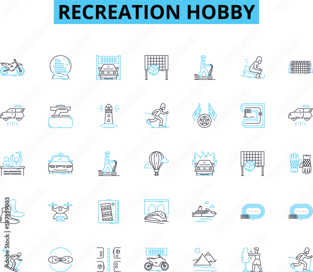 Recreation hobby linear icons set. Swimming, Cycling, Running, Yoga, Painting, Hiking, Skiing line vector and concept signs. Gardening,Photography,Reading outline illustrations Generative AI