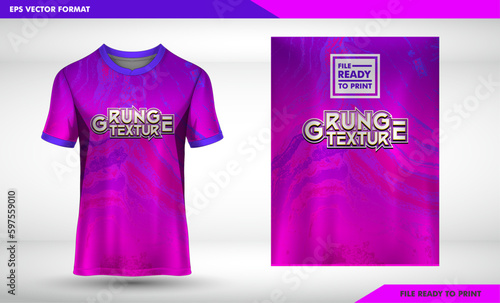 Magenta grunge pastle color t-shirt sport design for racing, jersey, cycling, football, gaming, motocross template with abstract grunge textured pattern for soccer jersey. Sport uniform in front view