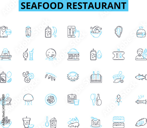 Seafood restaurant linear icons set. Oceanic, Nautical, Marina, Catch, Shellfish, Fishmonger, Shrimp line vector and concept signs. Lobster,Crab,Oyster outline illustrations Generative AI