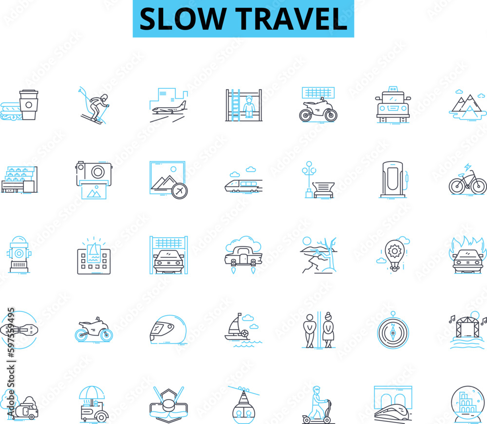 Slow travel linear icons set. Reflection, Introspection, Timelessness, Connection, Appreciation, Deliberate, Mindful line vector and concept signs. Serene,Tranquil,Unhurried outline Generative AI
