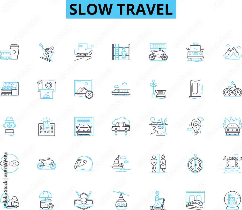 Slow travel linear icons set. Reflection, Introspection, Timelessness, Connection, Appreciation, Deliberate, Mindful line vector and concept signs. Serene,Tranquil,Unhurried outline Generative AI Slow travel linear icons set. Reflection, Introspection, Timelessness, Connection, Appreciation, Deliberate, Mindful line vector and concept signs. Serene,Tranquil,Unhurried outline Generative AI