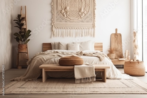 Boho Chic Wooden Bed with Fringed Blanket and Beige Decor - Interior Design - Generative AI