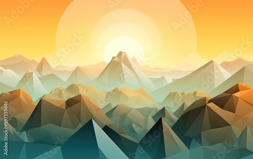 Geometric Polygonal India Mountains with Sun - Landscape Art - Wallpaper - Generative AI