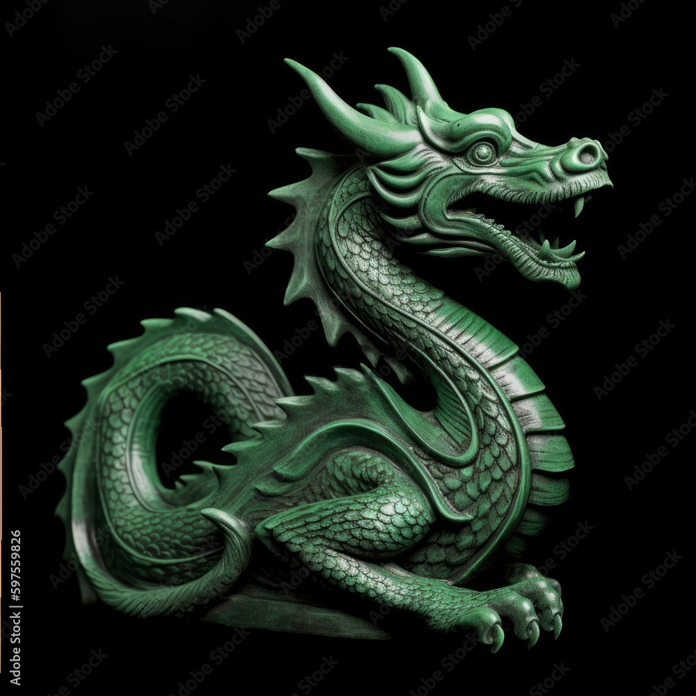 Fototapeta premium Head of carved green wooden dragon isolated on black background. Symbol of 2024. Chinese New Year. Detailed dragon figurine or statuette or brooch. High resolution. Generative AI, human enhanced